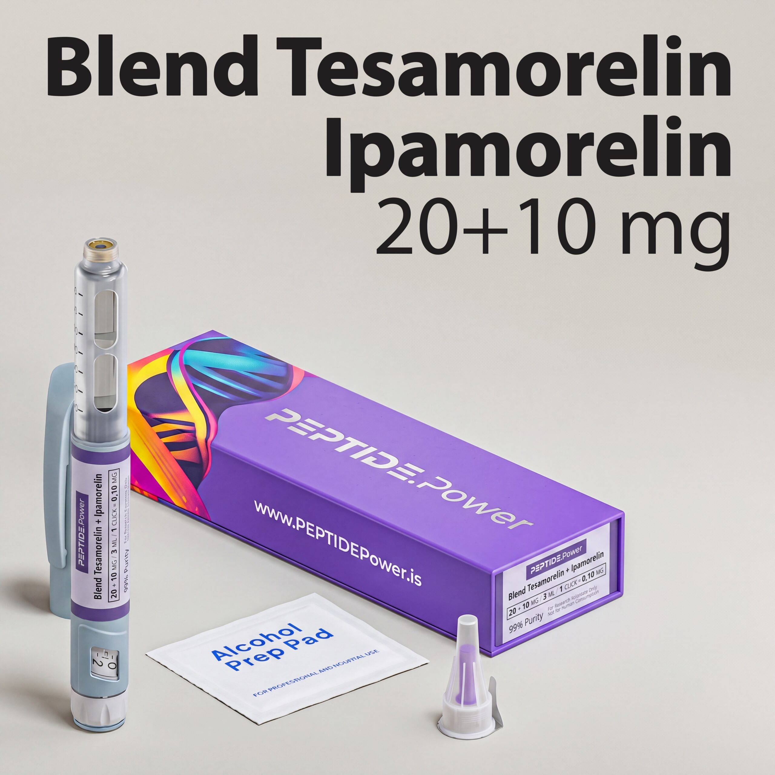 Blend Tesamorelin + Ipamorelin - PEPTIDE.Power Blend Tesamorelin + Ipamorelin: 20 mg + 10 mg - Pre-Mixed Research Peptide Pen, 99%+ Purity (CoA) | PEPTIDE.Power